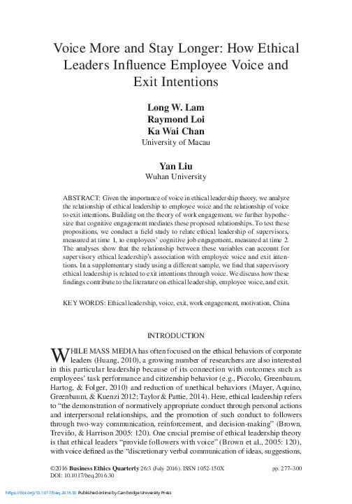 (PDF) Voice More and Stay Longer: How Ethical Leaders Influence ...