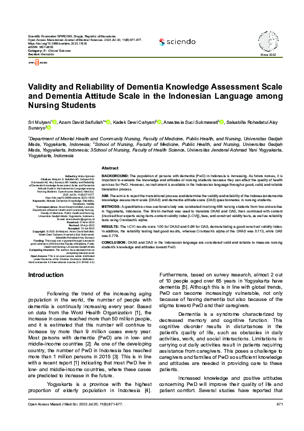 (PDF) Validity and Reliability of Dementia Knowledge Assessment Scale ...