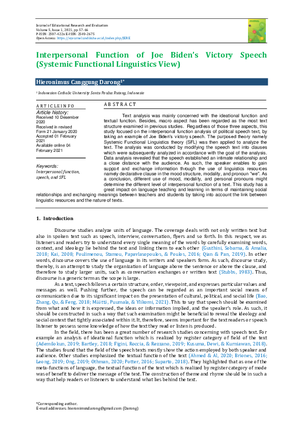 (PDF) Interpersonal Function of Joe Biden’s Victory Speech (Systemic ...