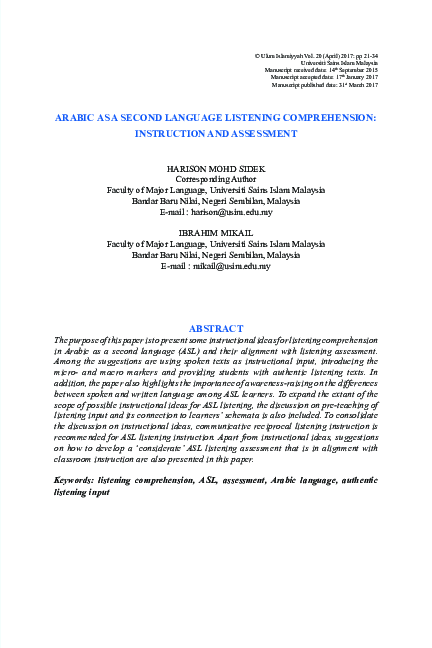 (PDF) Arabic as a Second Language Listening Comprehension: Instruction ...
