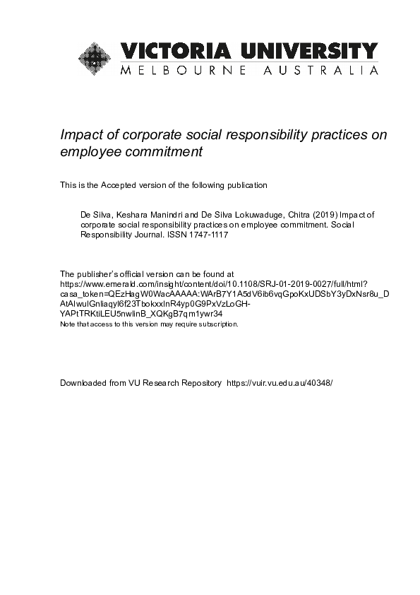 (PDF) Impact of corporate social responsibility practices on employee ...