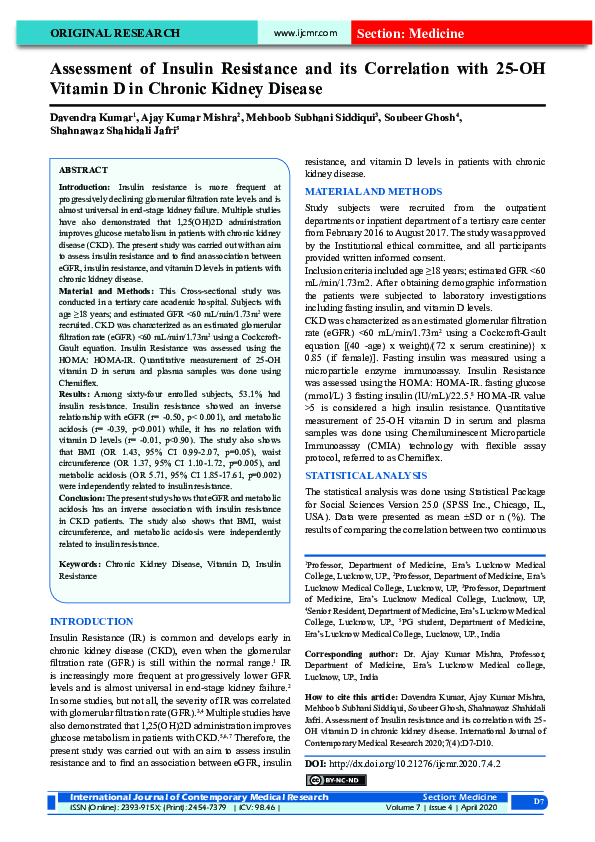 (PDF) Assessment of Insulin Resistance and its Correlation with 25-OH ...