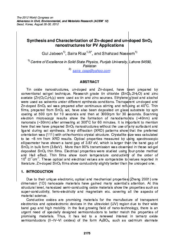 (PDF) Synthesis and Characterization of Zn-doped and un-doped SnO2 ...