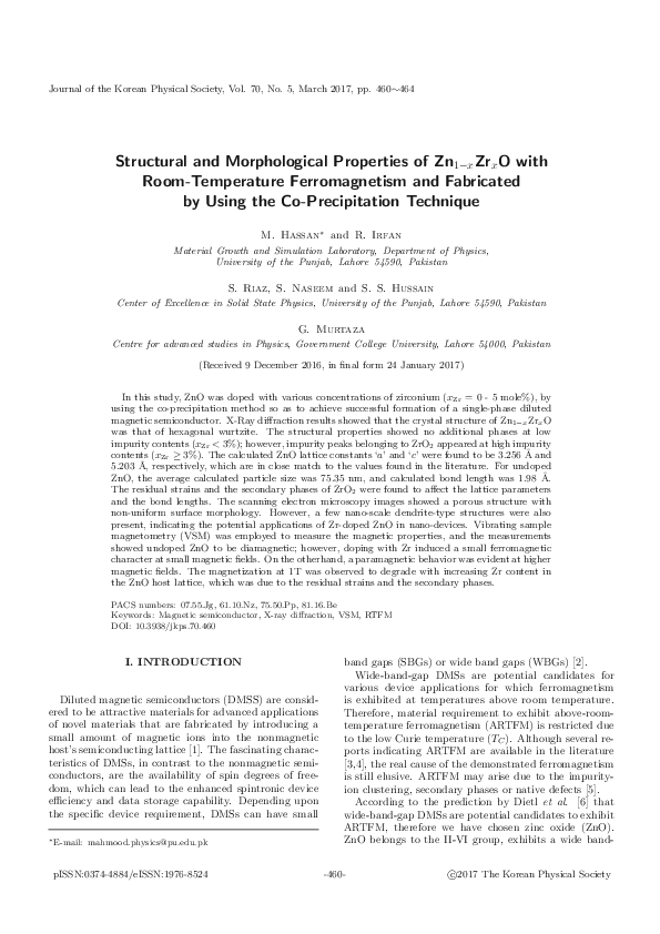 (PDF) Structural and morphological properties of Zn1−x Zr x O with room ...