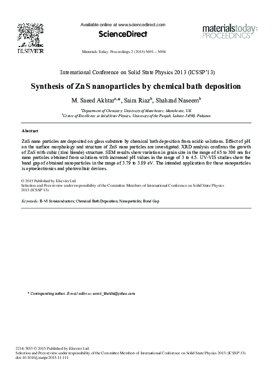 (PDF) Synthesis of ZnS Nanoparticles by Chemical Bath Deposition