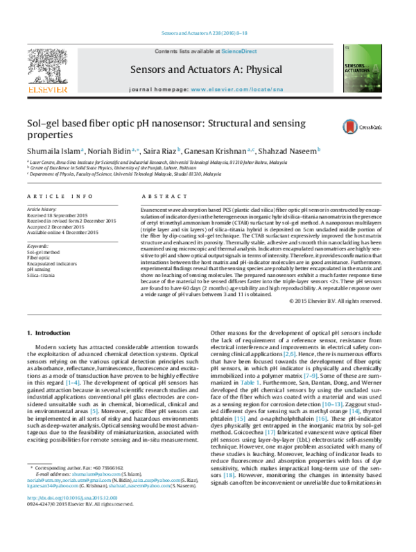 (PDF) Sol–gel based fiber optic pH nanosensor: Structural and sensing ...