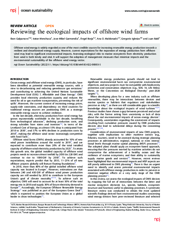 (PDF) Reviewing the ecological impacts of offshore wind farms