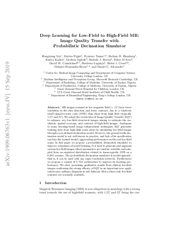 (PDF) Deep Learning for Low-Field to High-Field MR: Image Quality ...