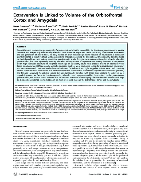 (PDF) Extraversion Is Linked to Volume of the Orbitofrontal Cortex and ...