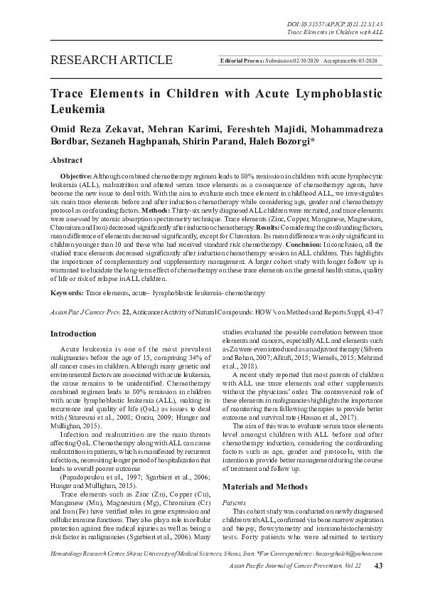 (PDF) Trace Elements in Children with Acute Lymphoblastic Leukemia