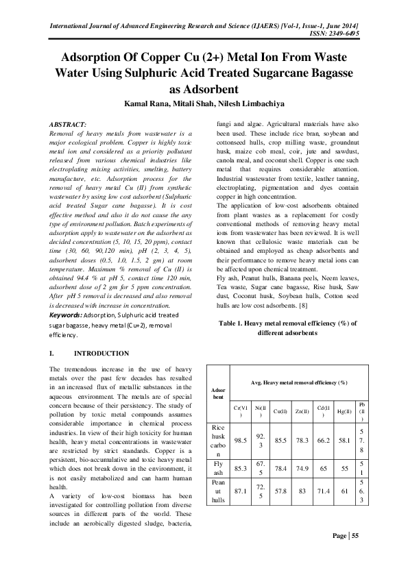 (PDF) Adsorption Of Copper Cu (2+) Metal Ion From Waste Water Using ...
