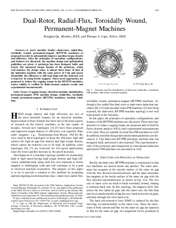 (PDF) Dual-rotor, radial-flux, toroidally-wound, permanent-magnet machines