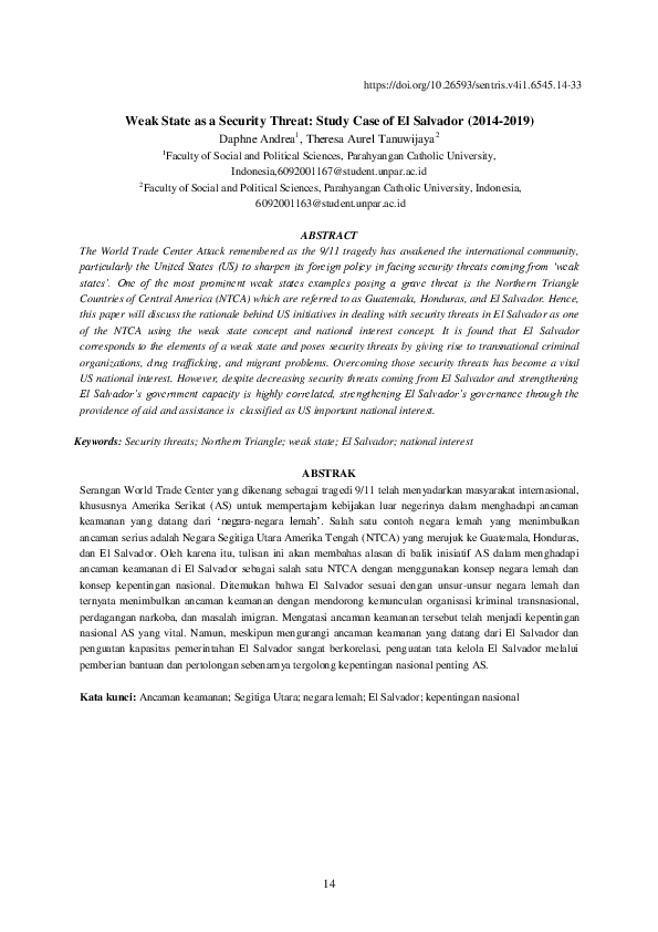 (PDF) Weak State as a Security Threat: Study Case of El Salvador (2014 ...