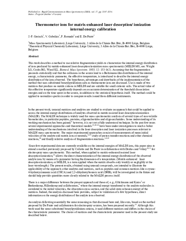 Thermometer ions for matrix-enhanced laser desorption/ionization internal energy calibration