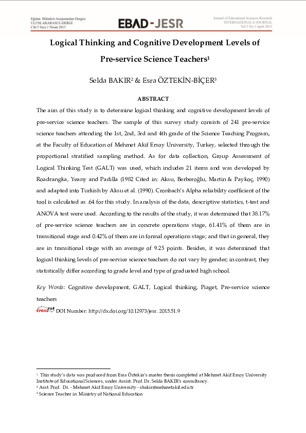 (PDF) Logical thinking and cognitive development levels of pre-service ...
