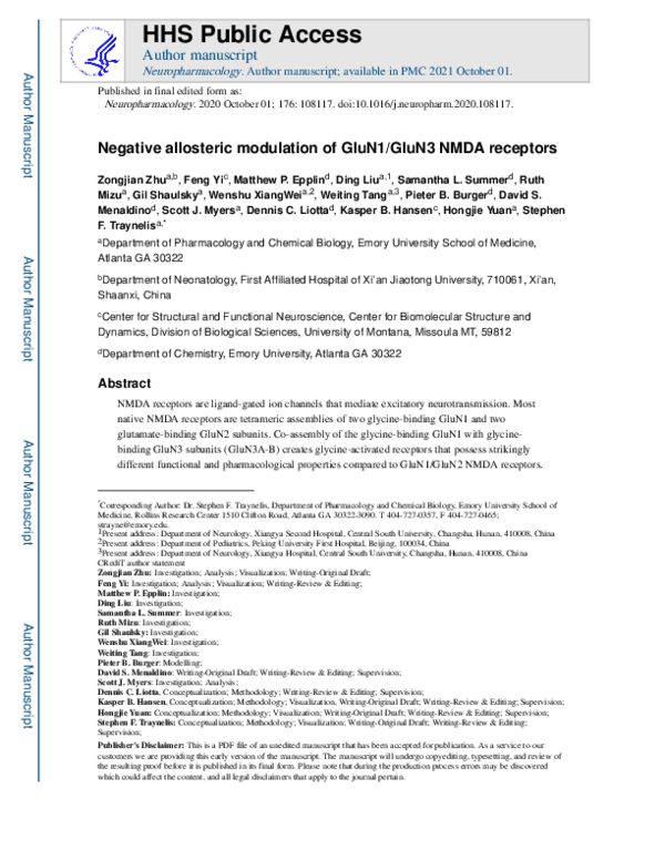(PDF) Negative allosteric modulation of GluN1/GluN3 NMDA receptors