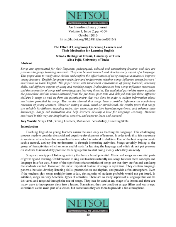(PDF) The Effect of Using Songs On Young Learners and Their Motivation ...