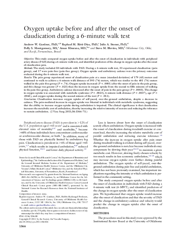 Oxygen uptake before and after the onset of claudication during a 6-minute walk test