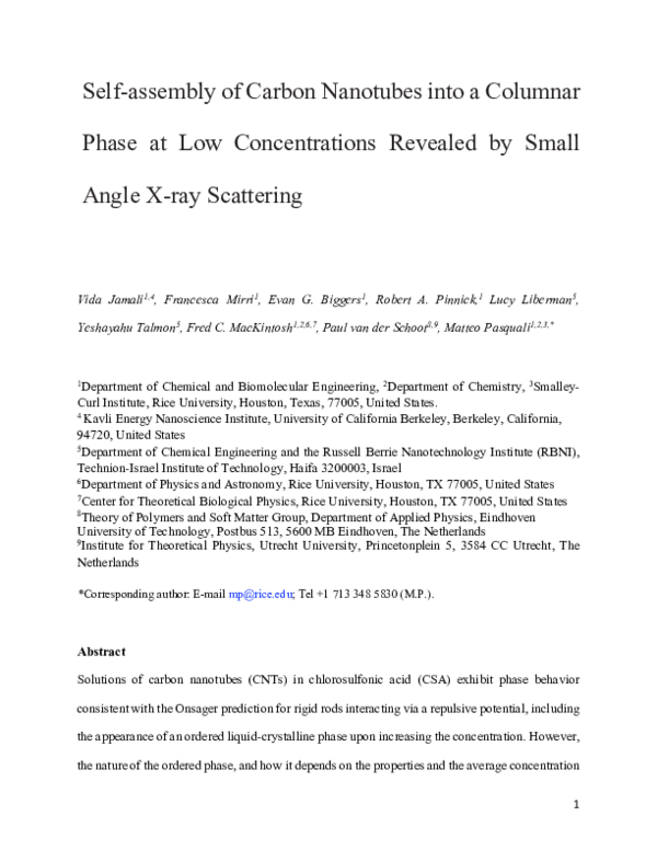 (PDF) Self-assembly of Carbon Nanotubes into a Columnar Phase at Low ...