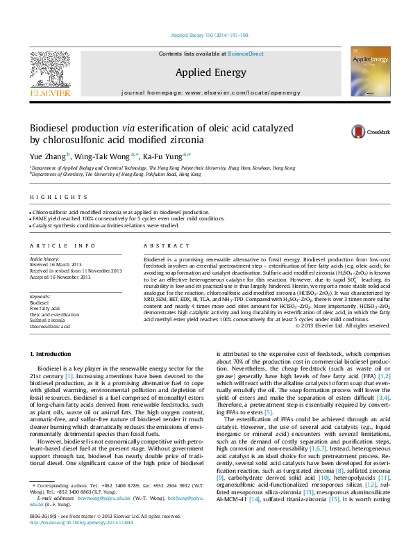 (PDF) Biodiesel production via esterification of oleic acid catalyzed ...