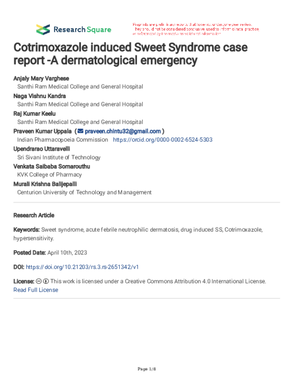 Cotrimoxazole induced Sweet Syndrome case report -A dermatological emergency