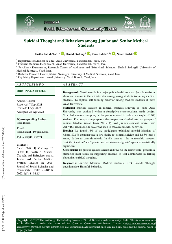 (PDF) Suicidal Thought and Behaviors among Junior and Senior Medical ...
