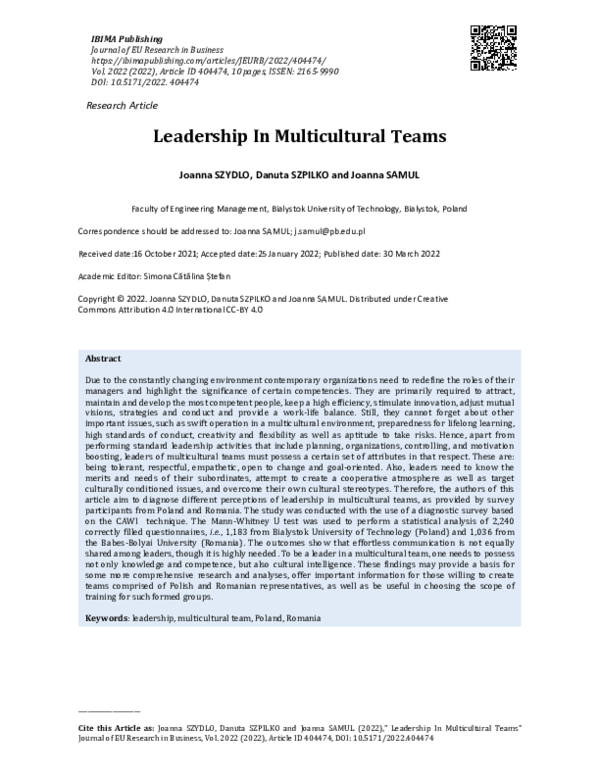 (PDF) Leadership In Multicultural Teams