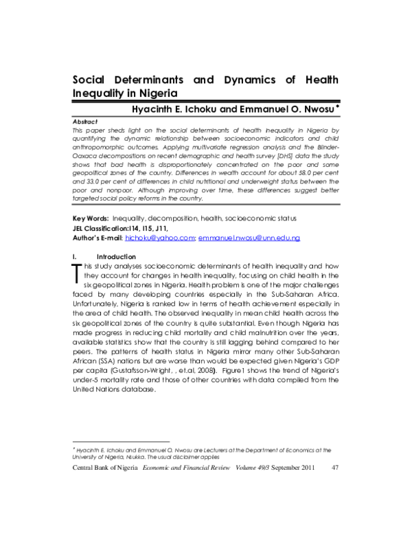 (PDF) Social determinants and dynamics of health inequality in Nigeria