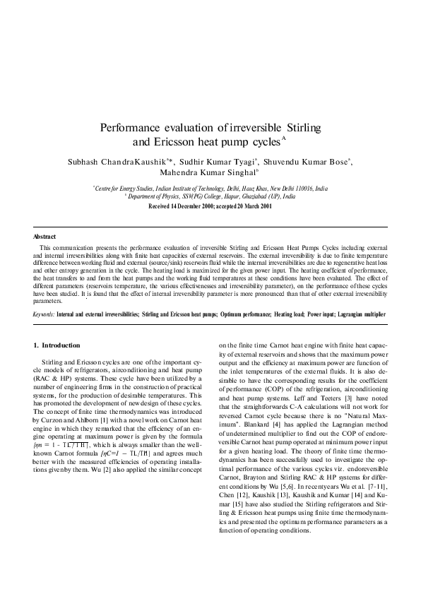 (PDF) Performance evaluation of irreversible Stirling and Ericsson heat ...