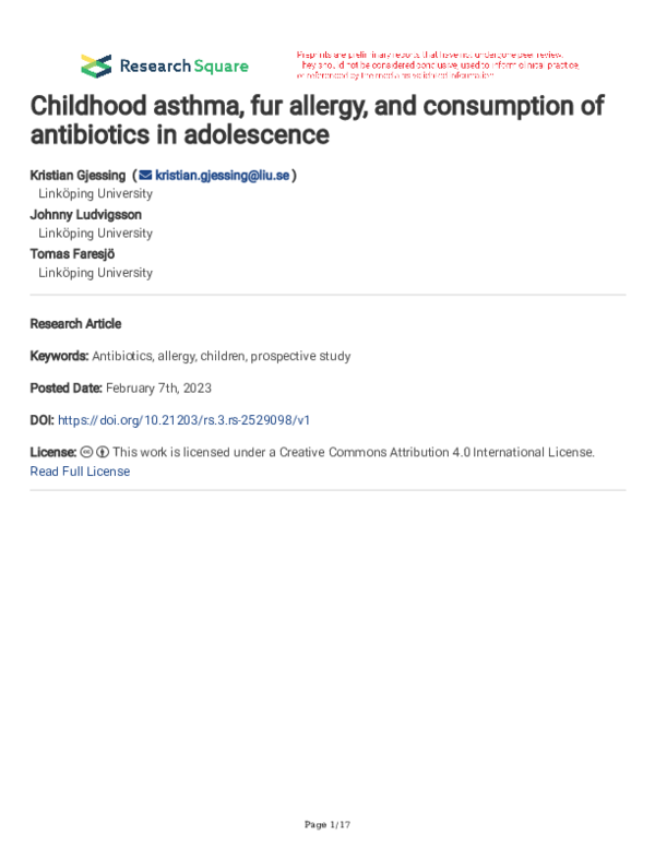(PDF) Childhood asthma, fur allergy, and consumption of antibiotics in ...