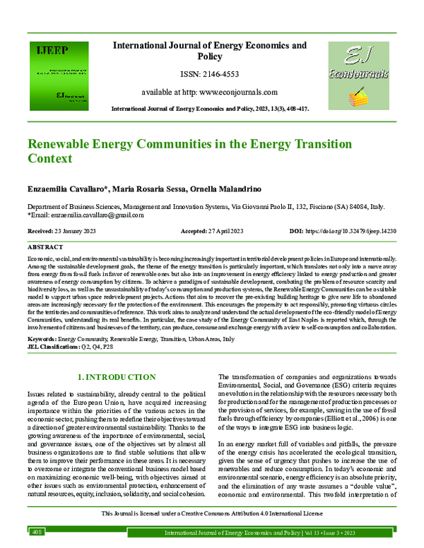 (PDF) Renewable Energy Communities in the Energy Transition Context