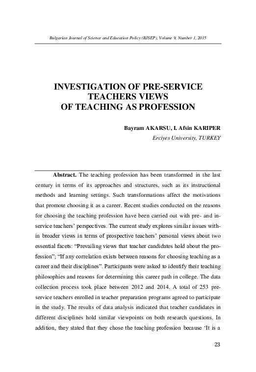 (PDF) Investigation of Pre-Service Teachers Views of Teaching as Profession