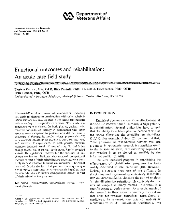 (PDF) Functional outcomes and rehabilitation: an acute care field study