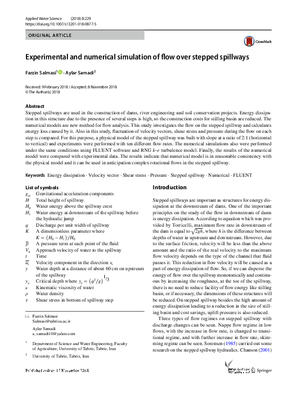 (PDF) Experimental and numerical simulation of the flow over a spillway