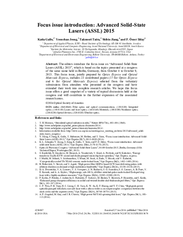 (PDF) Focus issue introduction: Advanced Solid-State Lasers (ASSL) 2016