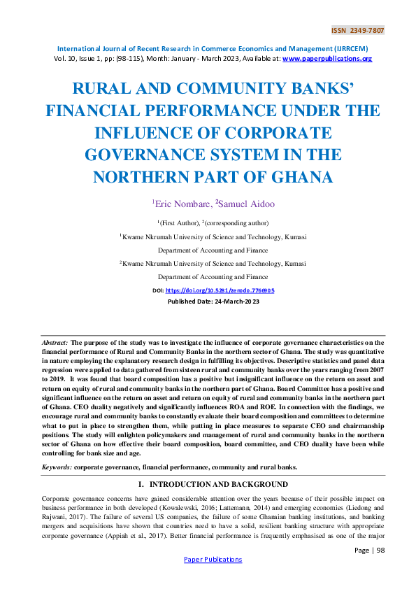 Rural and Community Banks' Financial Performance Under the Influence of Corporate Governance System in the Northern Part of Ghana
