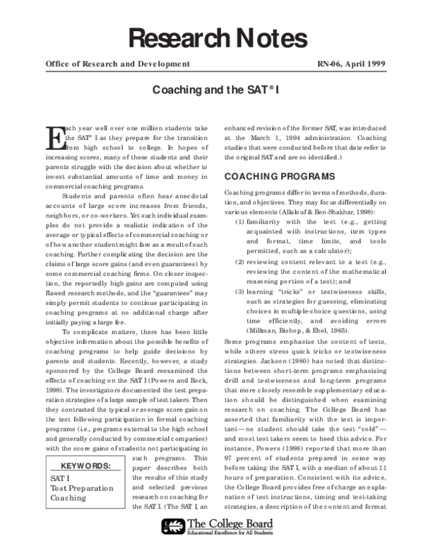 (PDF) Coaching and the SAT® I. Research Notes. RN-06