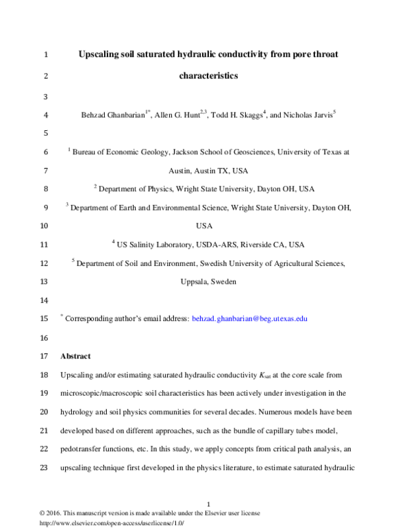(PDF) Upscaling soil saturated hydraulic conductivity from pore throat ...