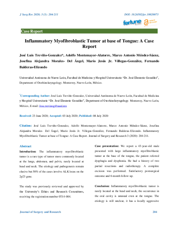 (PDF) Inflammatory Myofibroblastic Tumor at base of Tongue: A Case Report