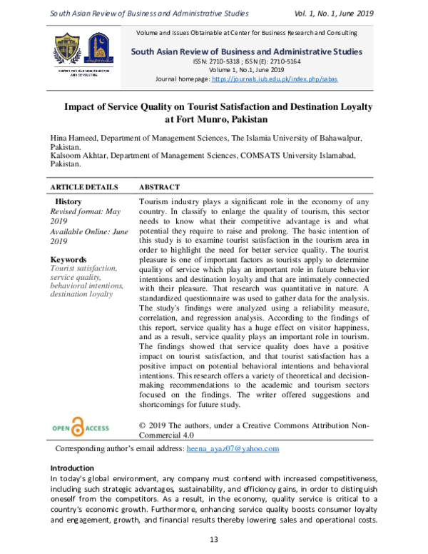 (PDF) Impact of Service Quality on Tourist Satisfaction and Destination ...