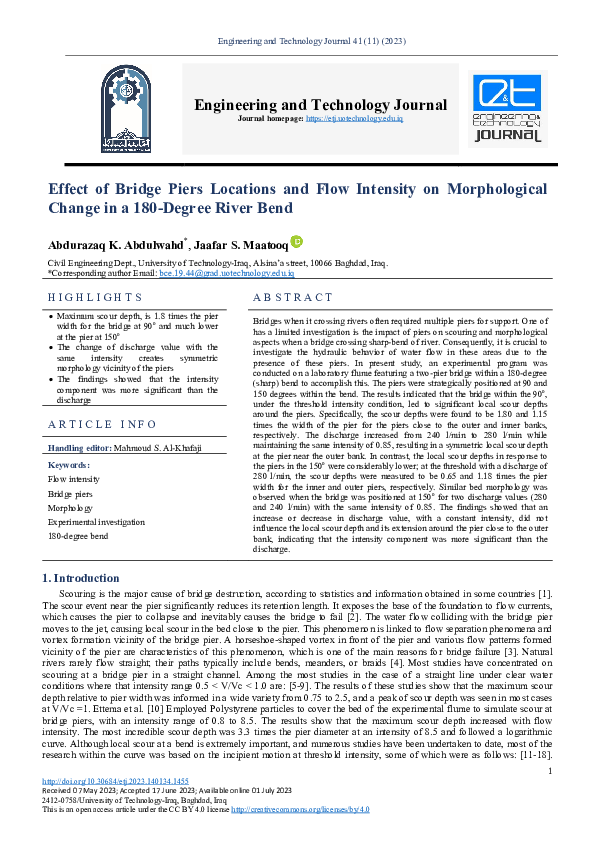 (PDF) Effect of Bridge Piers Locations and Flow Intensity on ...