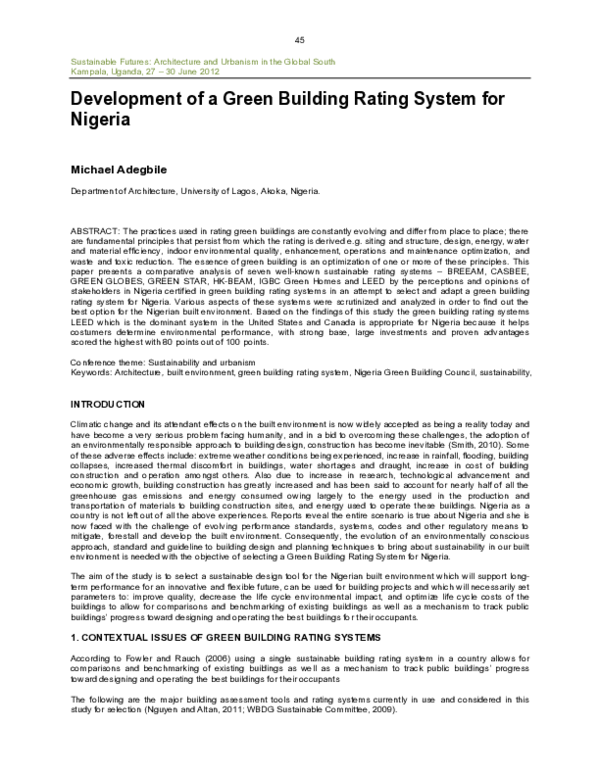 (PDF) Development of a Green Building Rating System for Nigeria
