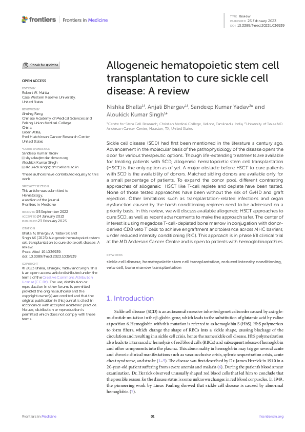(PDF) Allogeneic hematopoietic stem cell transplantation to cure sickle ...