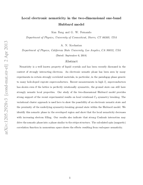 (PDF) Local electronic nematicity in the single orbital Hubbard model