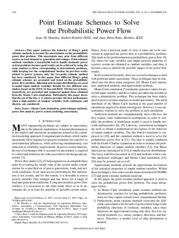 (PDF) Point Estimate Schemes to Solve the Probabilistic Power Flow