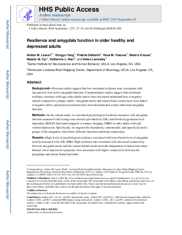 (PDF) Resilience and amygdala function in older healthy and depressed ...