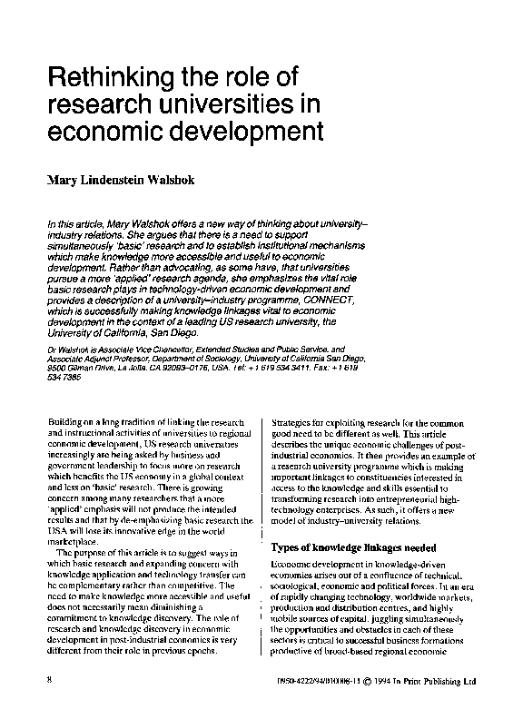 (PDF) Rethinking the Role of Research Universities in Economic Development