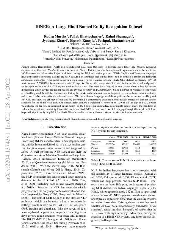 (PDF) HiNER: A Large Hindi Named Entity Recognition Dataset