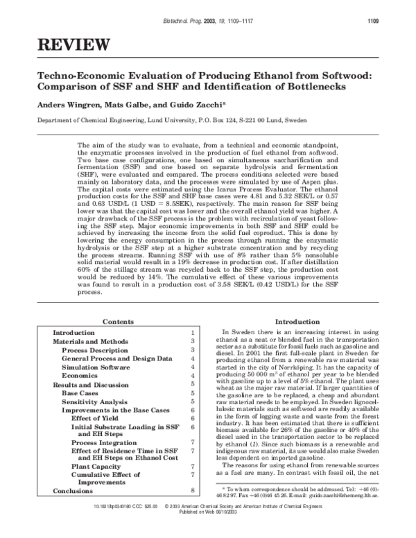 (PDF) Techno-Economic Evaluation of Producing Ethanol from Softwood ...