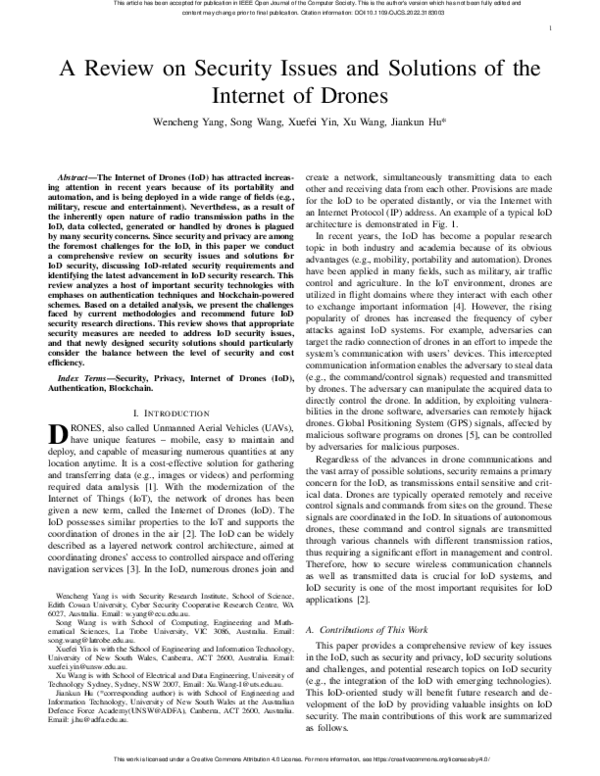 (PDF) A Review on Security Issues and Solutions of the Internet of Drones